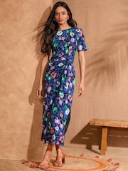 Love & Roses Blue Animal Tie Side Jersey Midi Dress - Image 1 of 4