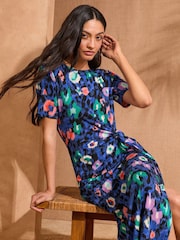 Love & Roses Blue Animal Tie Side Jersey Midi Dress - Image 2 of 4
