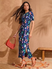 Love & Roses Blue Animal Tie Side Jersey Midi Dress - Image 4 of 4
