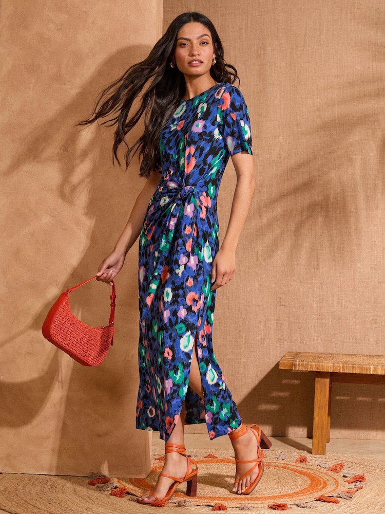 Love & Roses Blue Animal Tie Side Jersey Midi Dress - Image 4 of 4