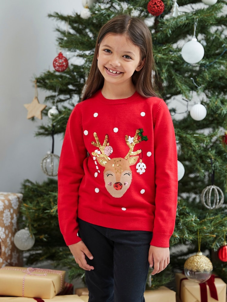 Society 8 Red Girls Prancer Christmas Jumper - Image 1 of 4
