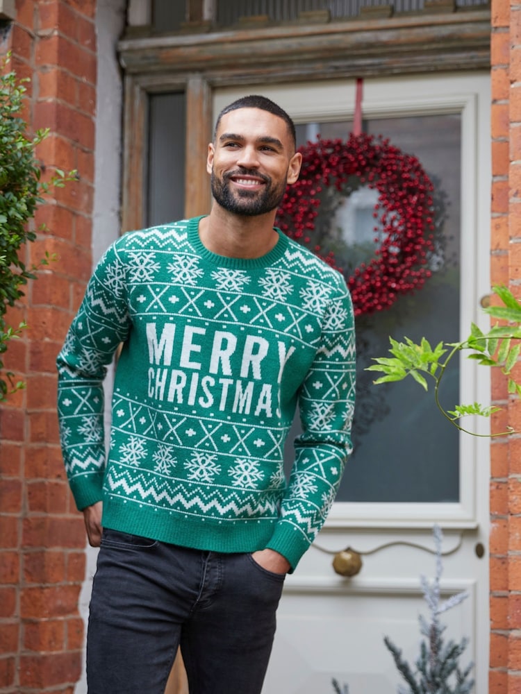 Society 8 Green Mens Festive Christmas Jumper - Image 1 of 3