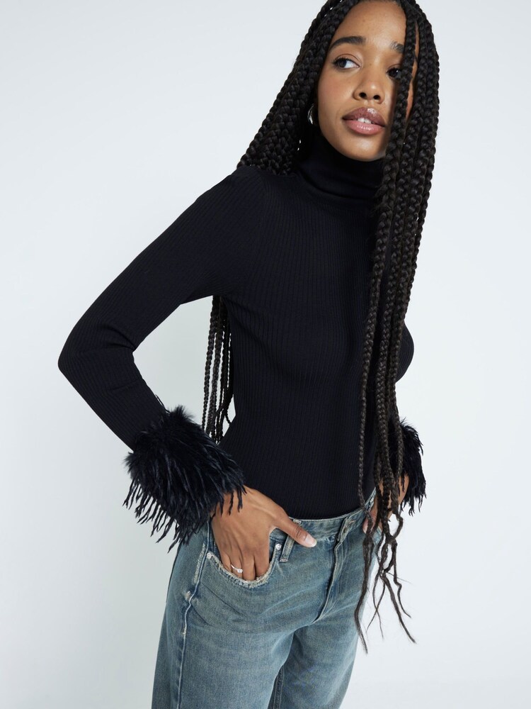 River Island Black Faux Feather Cuff Knitted Top - Image 1 of 6