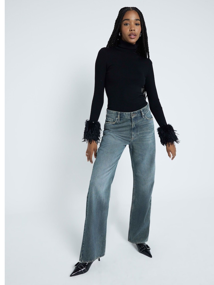 River Island Black Faux Feather Cuff Knitted Top - Image 2 of 6