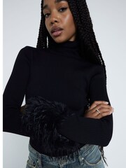 River Island Black Faux Feather Cuff Knitted Top - Image 3 of 6