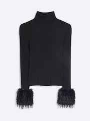 River Island Black Faux Feather Cuff Knitted Top - Image 5 of 6