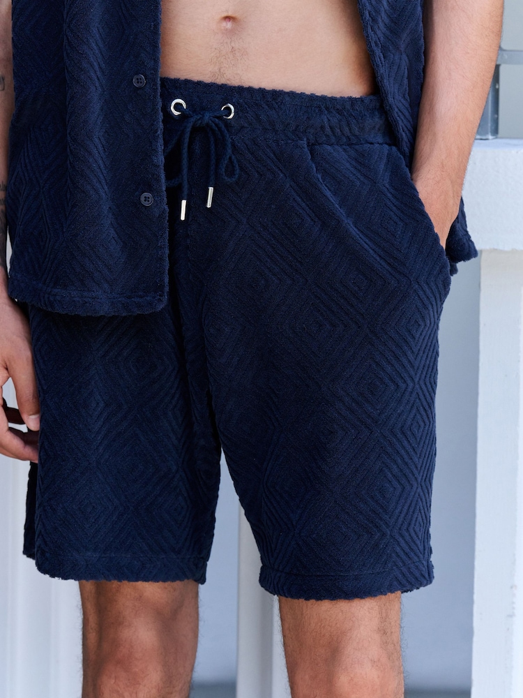 Navy Blue Textured Towelling Shorts - Image 1 of 9 Navy Blue Textured Towelling Shorts - Image 1 of 9
