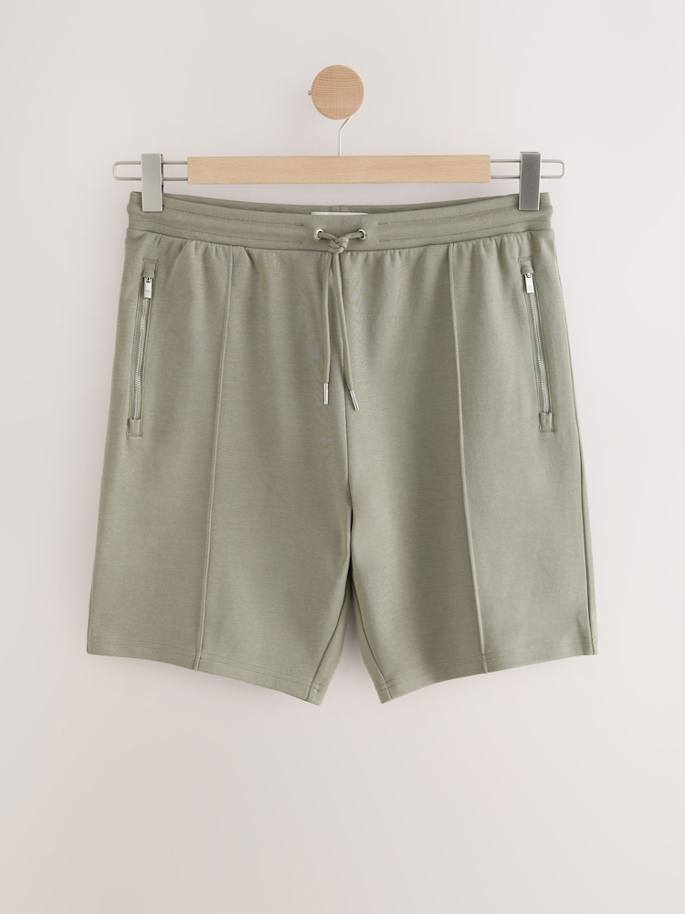 Khaki Green Pintuck Zip Pocket Jersey Shorts - Image 1 of 6