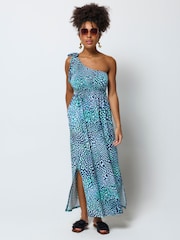 SCAMP & DUDE Blue Leopard Ray Jersey One Shoulder Maxi Dress - Image 1 of 4