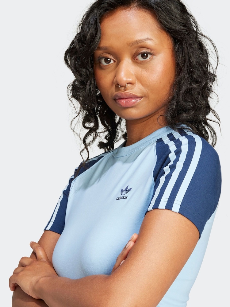 adidas originals Blue 3 Stripe Slim T-Shirt - Image 5 of 6
