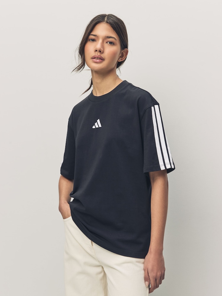 adidas Black/White Boyfriend 3-Stripes 100% Cotton T-Shirt - Image 1 of 5