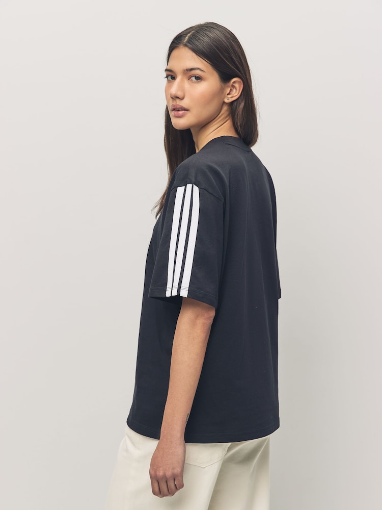 adidas Black/White Boyfriend 3-Stripes 100% Cotton T-Shirt - Image 2 of 5