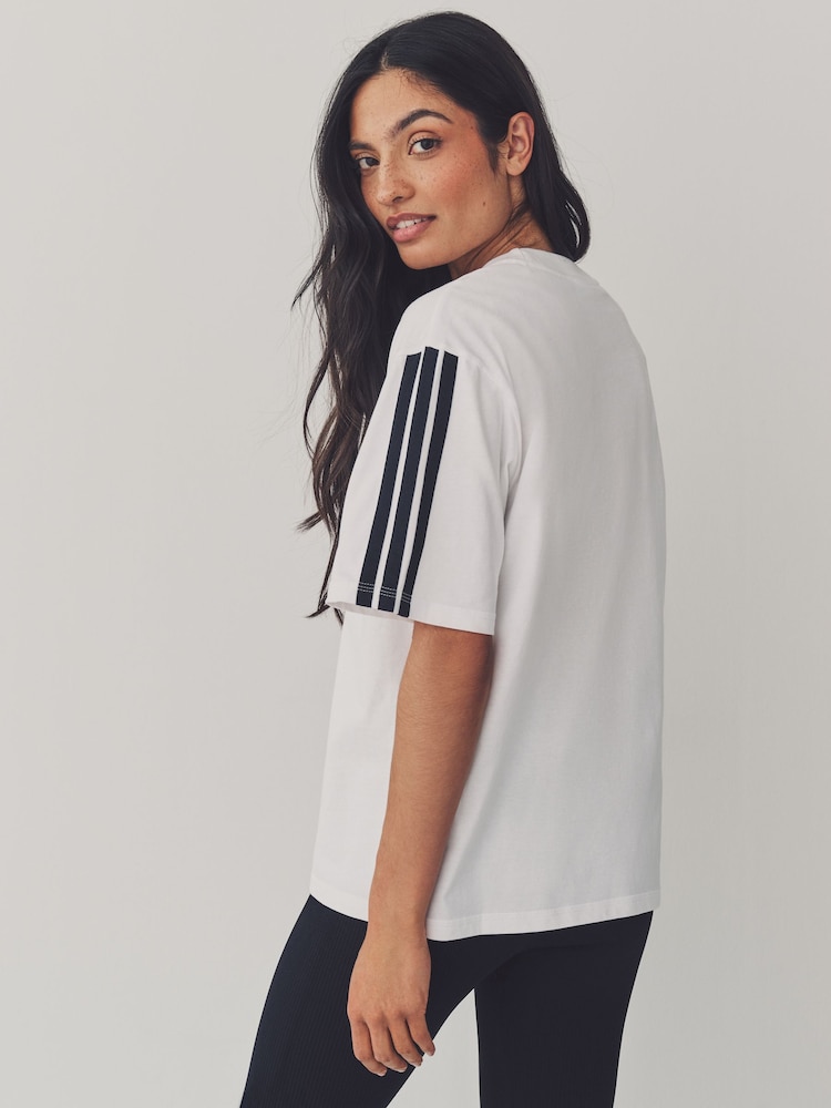 adidas White/Black Essentials 3-Stripes Boyfriend 100% Cotton T-Shirt - Image 2 of 5 adidas White/Black Essentials 3-Stripes Boyfriend 100% Cotton T-Shirt - Image 2 of 5