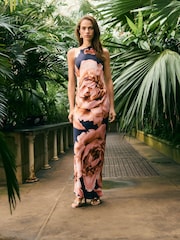 Navy Blue/Pink Floral Kew Collection Cowl Neck Maxi Dress - Image 1 of 9