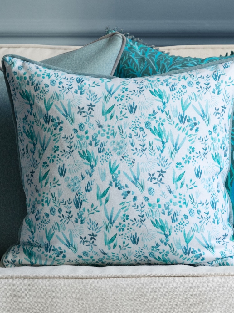 Voyage Maison Teal Saana Floral Piped 100% Cotton Cushion - Image 1 of 5
