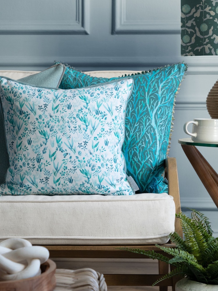 Voyage Maison Teal Saana Floral Piped 100% Cotton Cushion - Image 2 of 5
