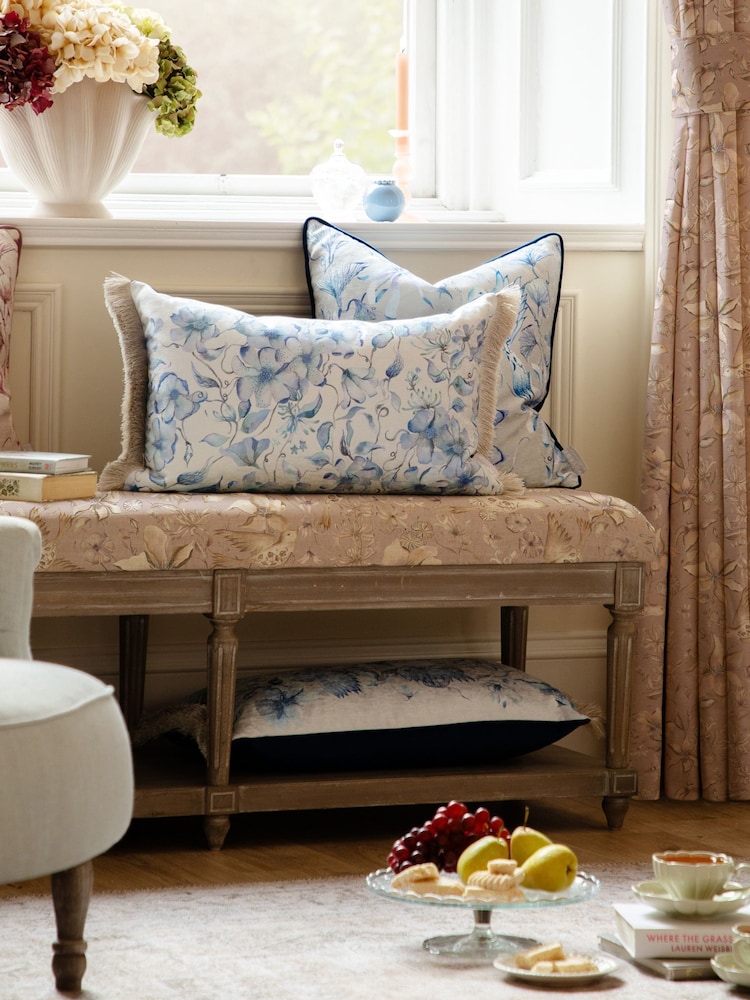 Voyage Maison Blue Daphne Floral Ruched Fringe Cushion - Image 1 of 5 Voyage Maison Blue Daphne Floral Ruched Fringe Cushion - Image 1 of 5