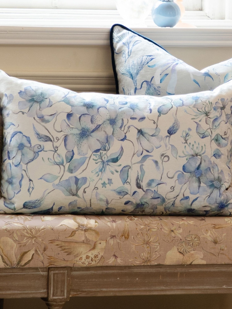 Voyage Maison Blue Daphne Floral Ruched Fringe Cushion - Image 2 of 5 Voyage Maison Blue Daphne Floral Ruched Fringe Cushion - Image 2 of 5