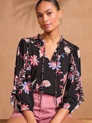 Love & Roses Pink Floral Frill Neck Blouse - Image 1 of 4