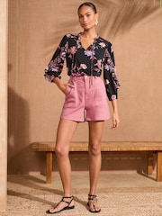 Love & Roses Pink Floral Frill Neck Blouse - Image 2 of 4