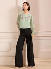 Love & Roses Green Floral Petite Print Embroidered Keyhole Detail Crew Neck Long Sleeve Blouse - Image 3 of 4