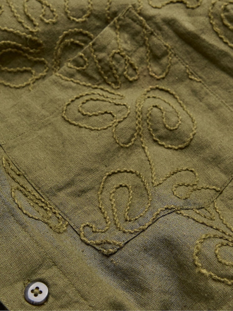 FatFace Khaki Green Short Sleeve Swirl Embroidered Shirt - Image 7 of 7