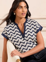 Love & Roses Navy and White Petal Wave Print V-Neck Jersey T-Shirt - Image 1 of 4