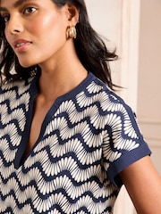 Love & Roses Navy and White Petal Wave Print V-Neck Jersey T-Shirt - Image 2 of 4