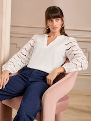 Love & Roses Ivory Jersey Broderie Long Sleeve 100% Cotton Top - Image 1 of 4
