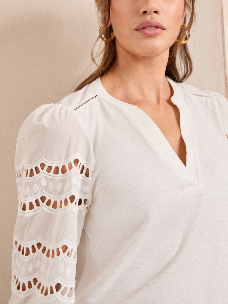 Love & Roses Ivory Jersey Broderie Long Sleeve 100% Cotton Top - Image 2 of 4 Love & Roses Ivory Jersey Broderie Long Sleeve 100% Cotton Top - Image 2 of 4