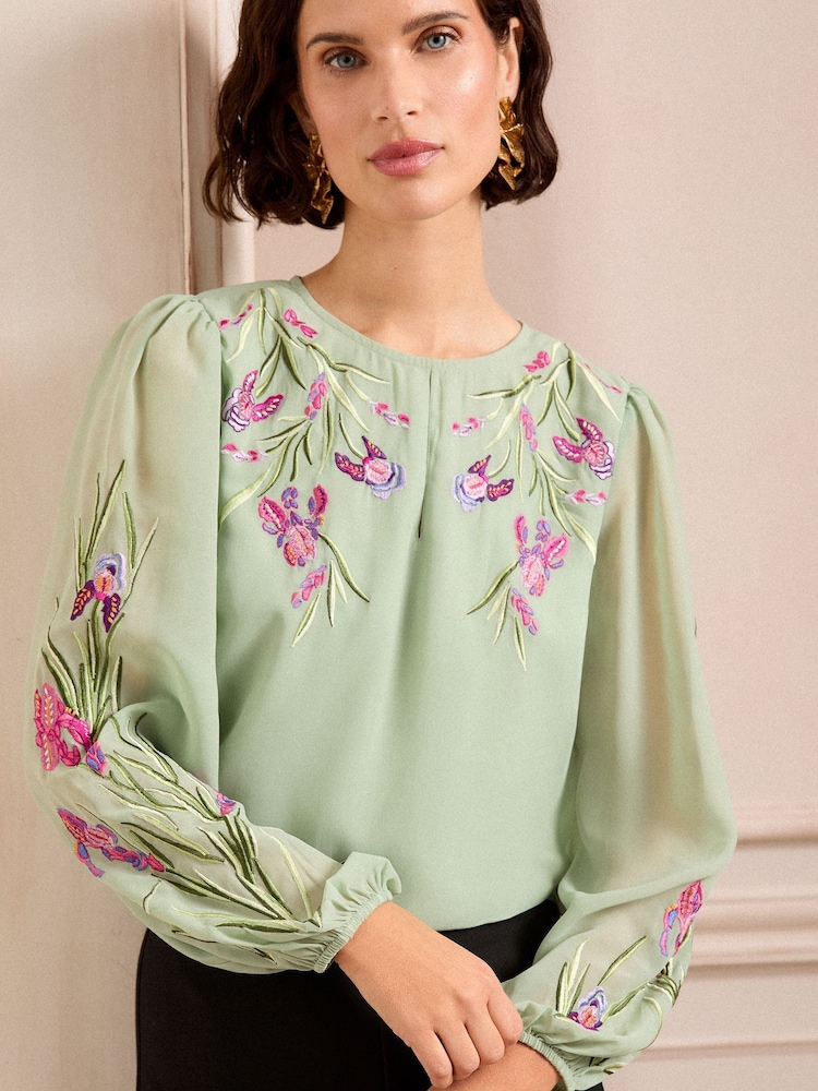 Love & Roses Green Floral Print Embroidered Keyhole Detail Crew Neck Long Sleeve Blouse - Image 1 of 4