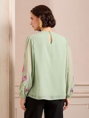 Love & Roses Green Floral Print Embroidered Keyhole Detail Crew Neck Long Sleeve Blouse - Image 2 of 4