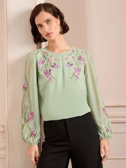 Love & Roses Green Floral Print Embroidered Keyhole Detail Crew Neck Long Sleeve Blouse - Image 4 of 4