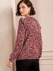 Love & Roses Red Heart Printed Jersey Trim Detail Crew Neck Long Sleeve Blouse - Image 2 of 4