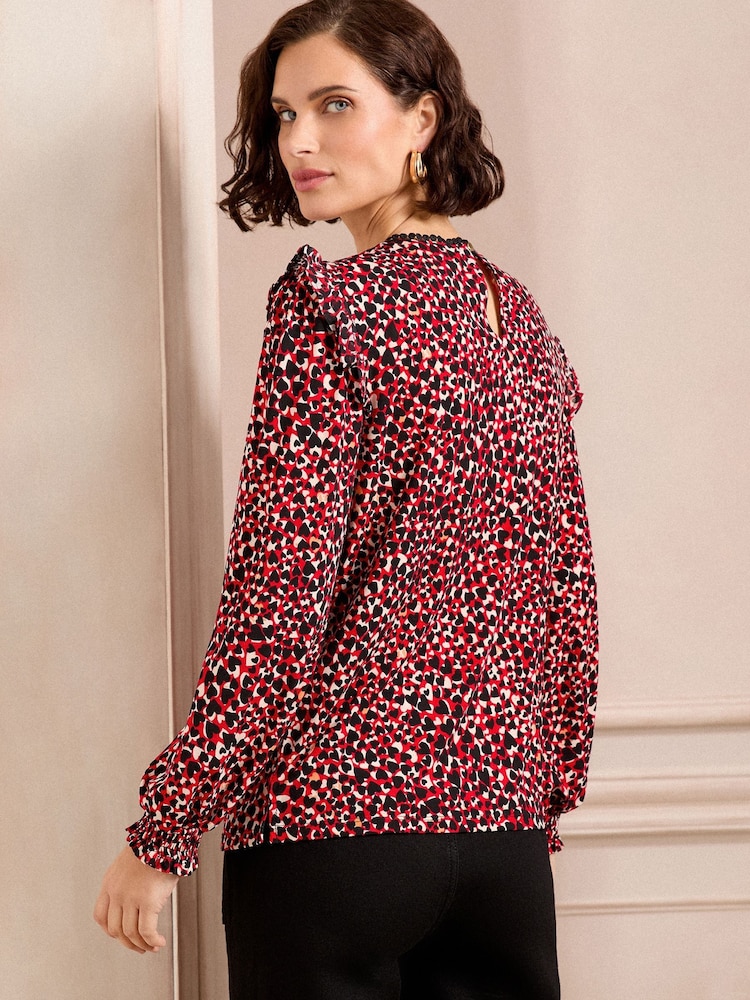 Love & Roses Red Heart Printed Jersey Trim Detail Crew Neck Long Sleeve Blouse - Image 2 of 4