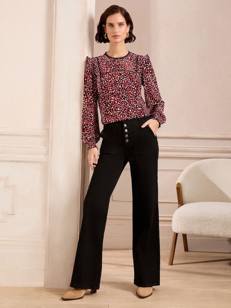 Love & Roses Red Heart Printed Jersey Trim Detail Crew Neck Long Sleeve Blouse - Image 3 of 4