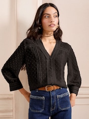 Love & Roses Black Dobby Notch Neck 3/4 Sleeve Blouse - Image 1 of 4