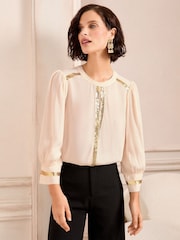 Love & Roses Ivory Sequin Keyhole Crew Neck 3/4 Sleeve Blouse - Image 1 of 4