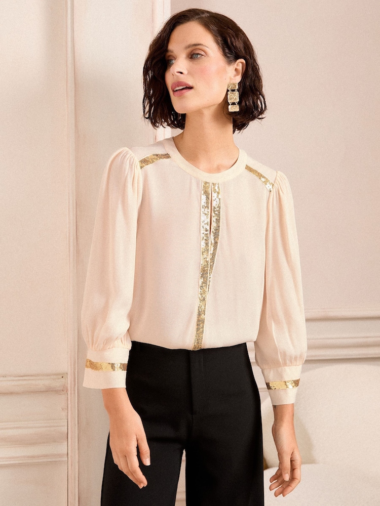 Love & Roses Ivory Sequin Keyhole Crew Neck 3/4 Sleeve Blouse - Image 1 of 4