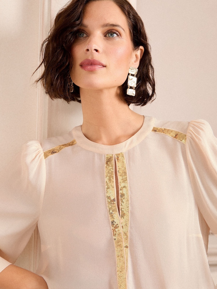 Love & Roses Ivory Sequin Keyhole Crew Neck 3/4 Sleeve Blouse - Image 2 of 4