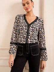 Love & Roses Monochrome Floral Petite Printed Jersey V-Neck Lace Trim Long Sleeve Blouse - Image 1 of 4