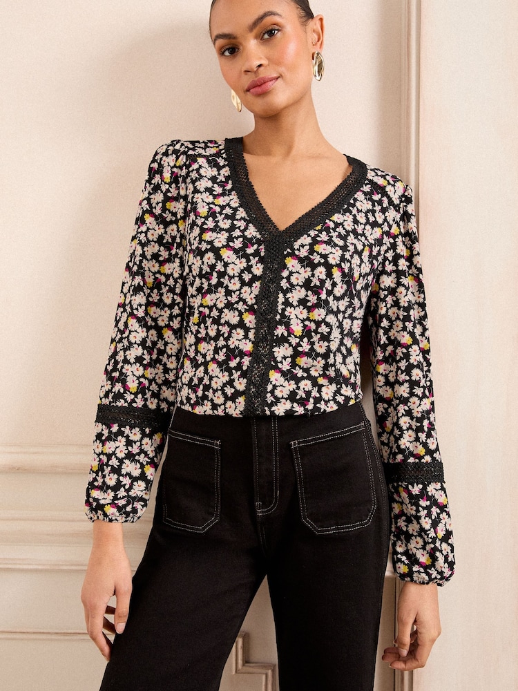 Love & Roses Monochrome Floral Petite Printed Jersey V-Neck Lace Trim Long Sleeve Blouse - Image 1 of 4