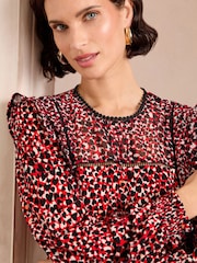 Love & Roses Red Heart Printed Jersey Trim Detail Crew Neck Long Sleeve Blouse - Image 2 of 4