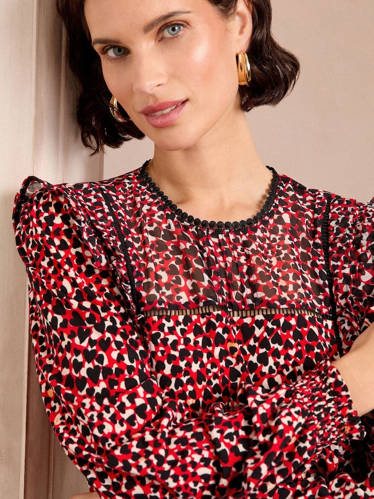 Love & Roses Red Heart Printed Jersey Trim Detail Crew Neck Long Sleeve Blouse - Image 2 of 4