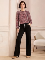 Love & Roses Red Heart Printed Jersey Trim Detail Crew Neck Long Sleeve Blouse - Image 3 of 4