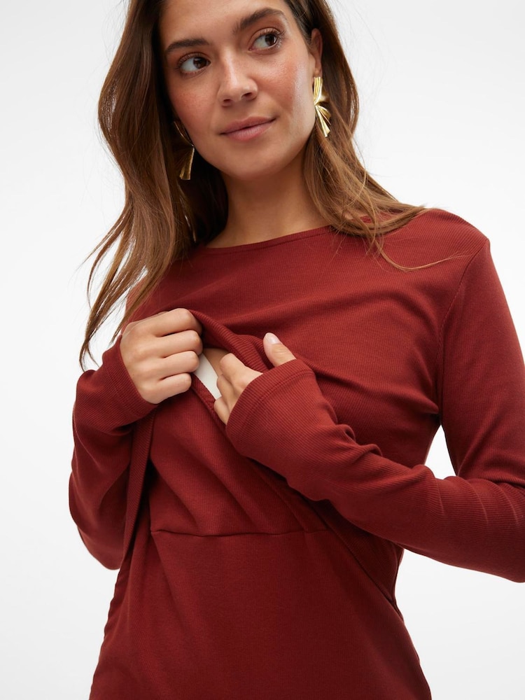 Mamalicious Red Maternity Ribbed Dress with Nursing Function - Image 5 of 5