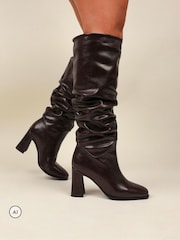 Simmi London Brown Kennedy Knee High Ruched Block Heeled Boots - Image 1 of 4