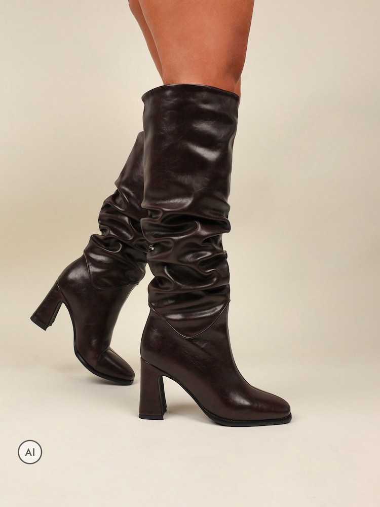 Simmi London Brown Kennedy Knee High Ruched Block Heeled Boots - Image 1 of 4