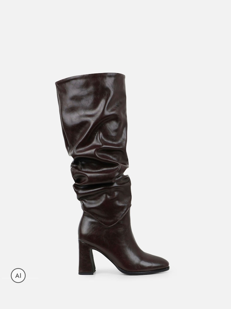 Simmi London Brown Kennedy Knee High Ruched Block Heeled Boots - Image 2 of 4