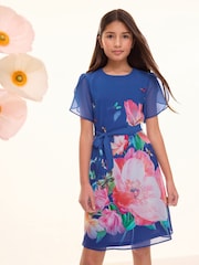 Lipsy Cobalt Blue Floral Petal Sleeve Chiffon Dress (4-16yrs) - Image 1 of 4
